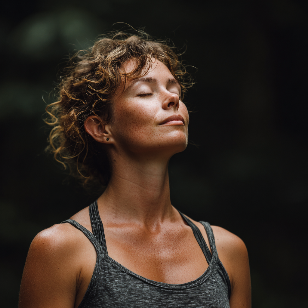 Peaceful meditation scene with adults practicing yoga breathing techniques in natural outdoor setting, diverse Ukrainian practitioners in comfortable yoga attire
