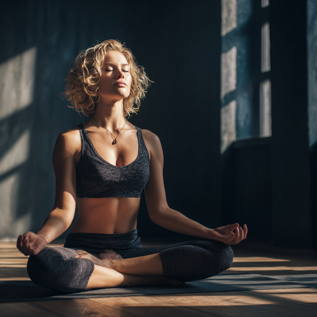 Group of diverse Ukrainian adults practicing mindful yoga poses in peaceful indoor studio environment, focusing on proper alignment and breathing