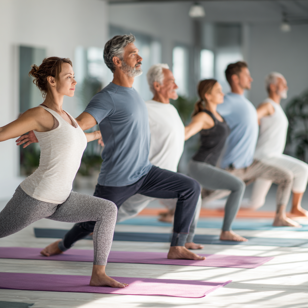 Serene yoga practice scene with mature Ukrainian adults in peaceful meditation poses, natural lighting creating calm atmosphere for inner reflection